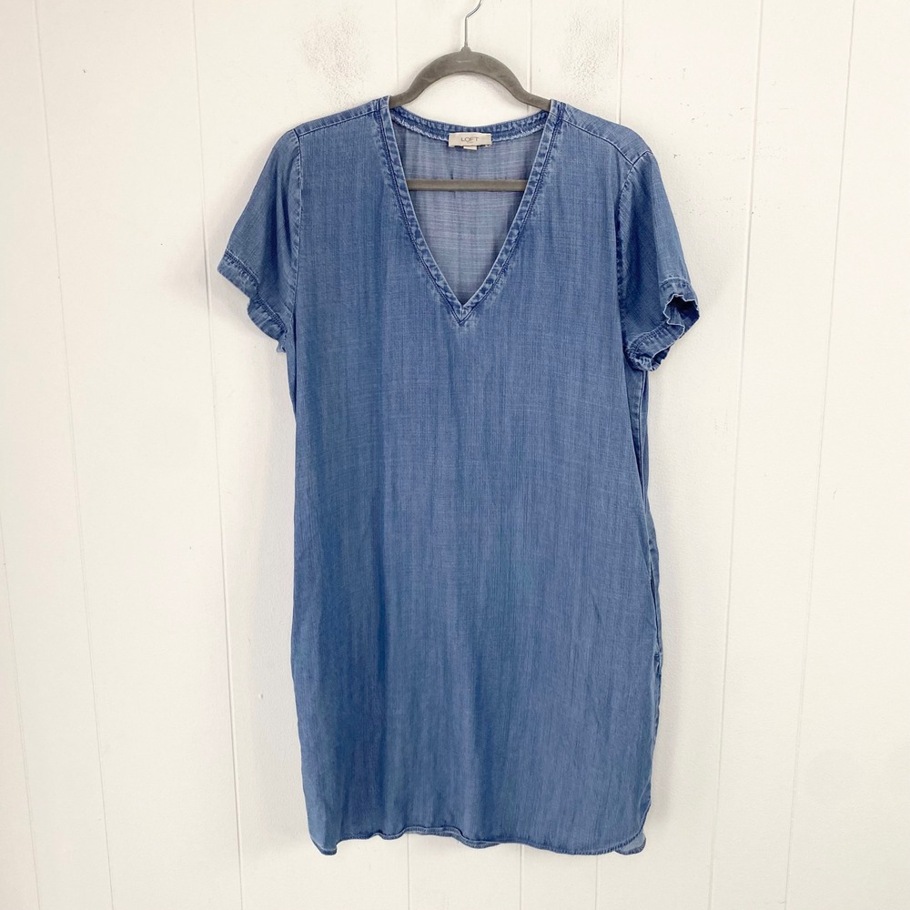 LOFT Outlet Blue Lyocell Chambray V-Neck Shift Dress with Pockets Mens Size M